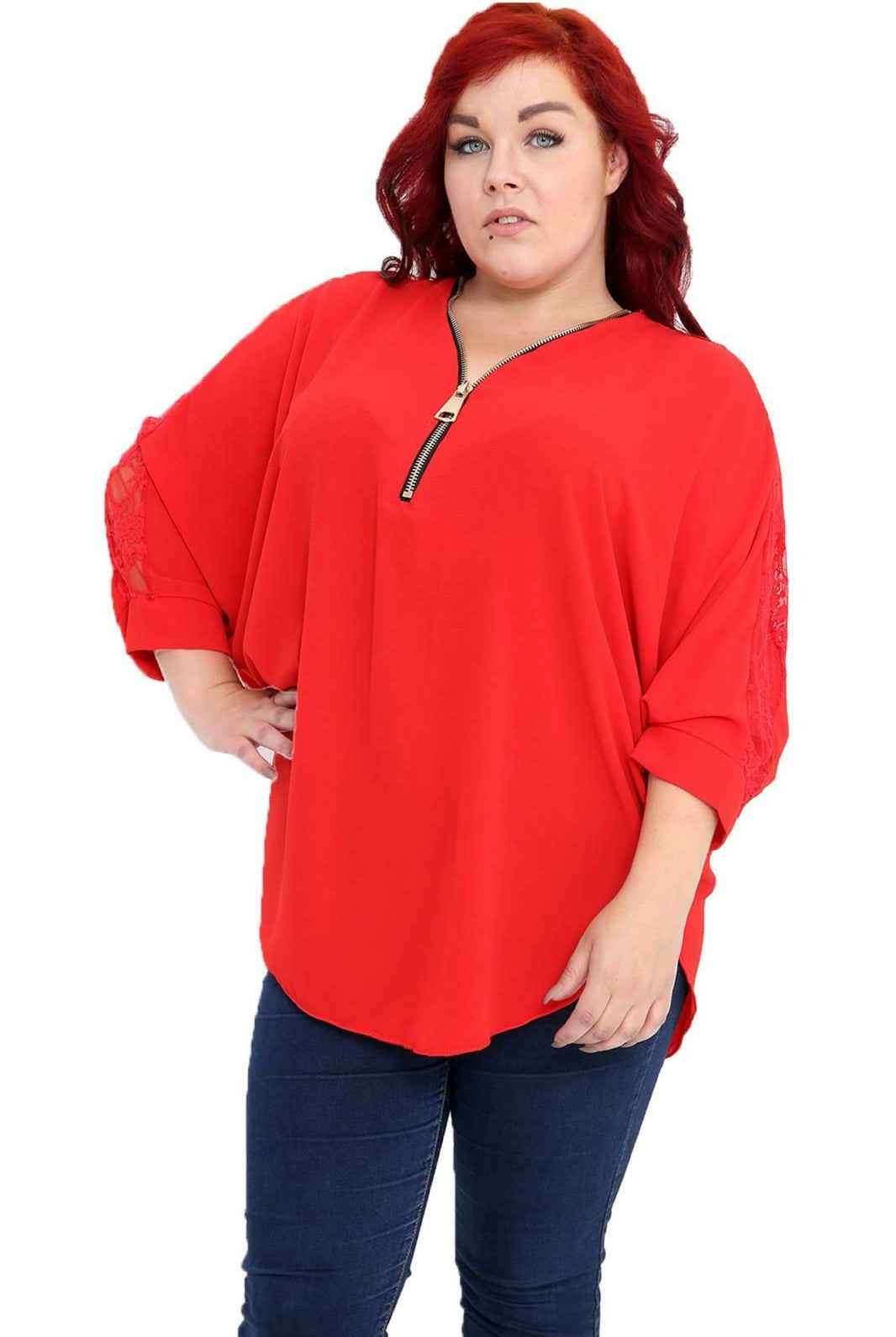 Floral Lace Batwing Crepe Top Tops WearAll Red 12-14