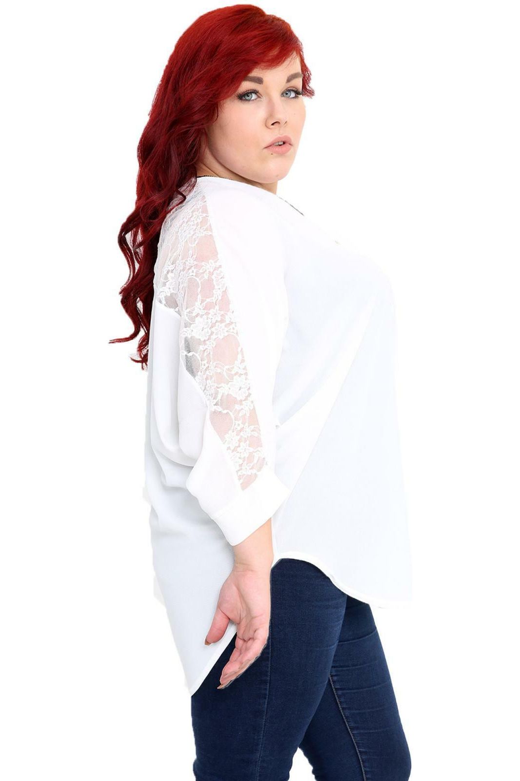 Plus Size Floral Lace Batwing Crepe Top Tops WearAll Cream 16-18