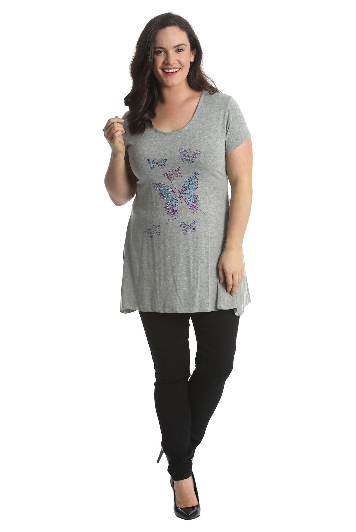 Diamante Butterfly Stud Hanky Hem Short Sleeve Top Apparel & Accessories WearAll