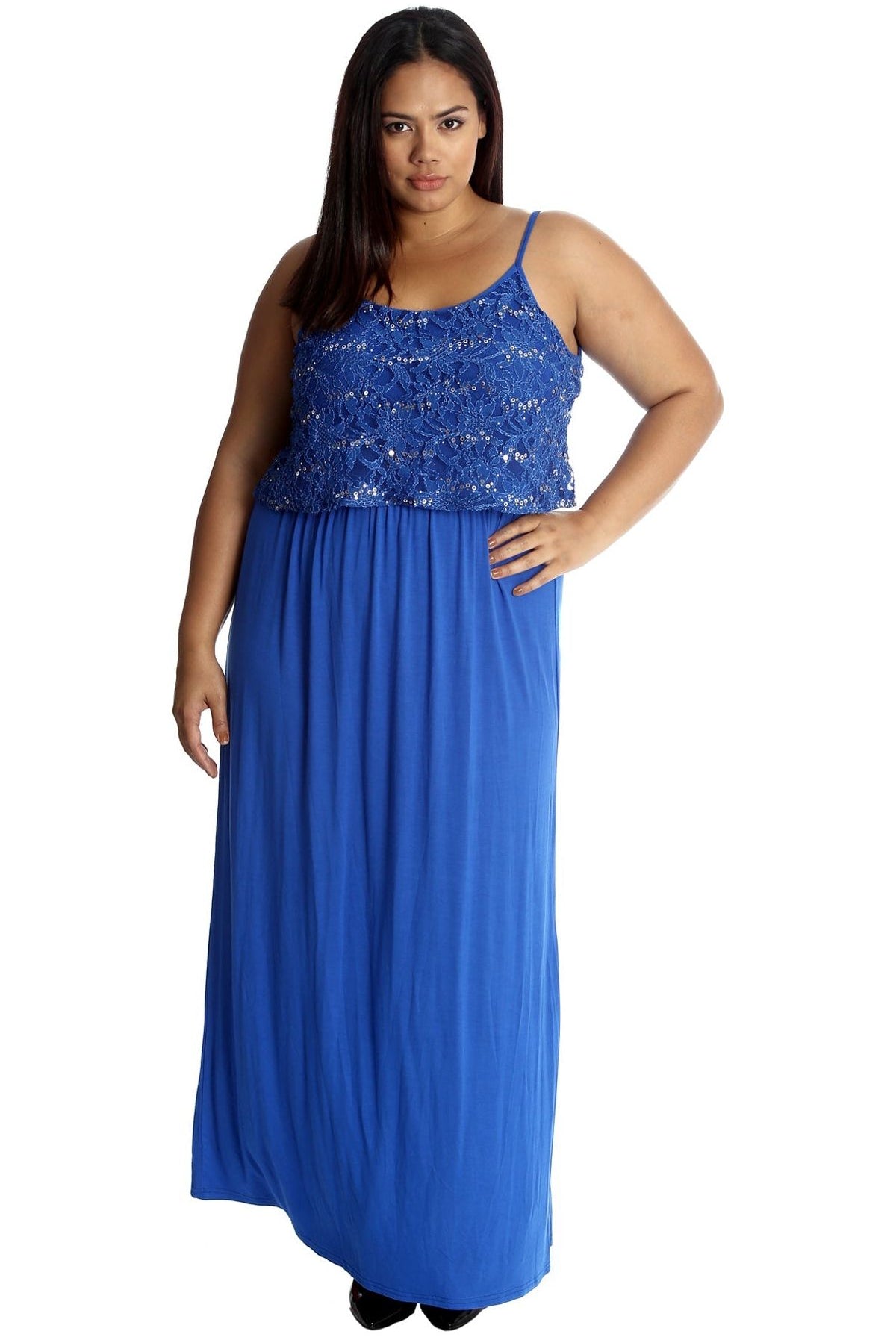 Plus Size Floral Sequin Lace Maxi Dress Dress WearAll Blue 16