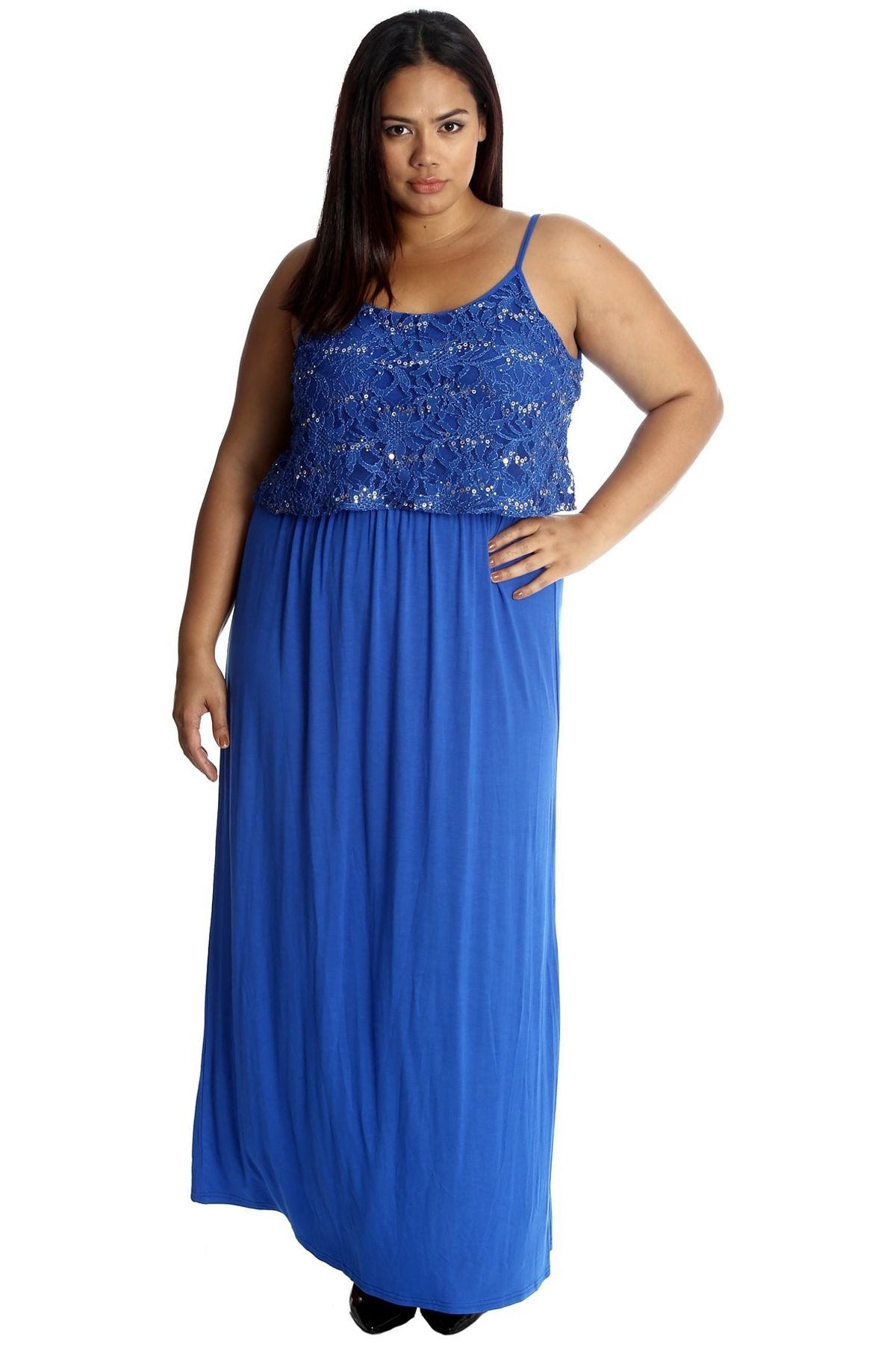 Plus Size Floral Sequin Lace Maxi Dress Dress WearAll Blue 26-28