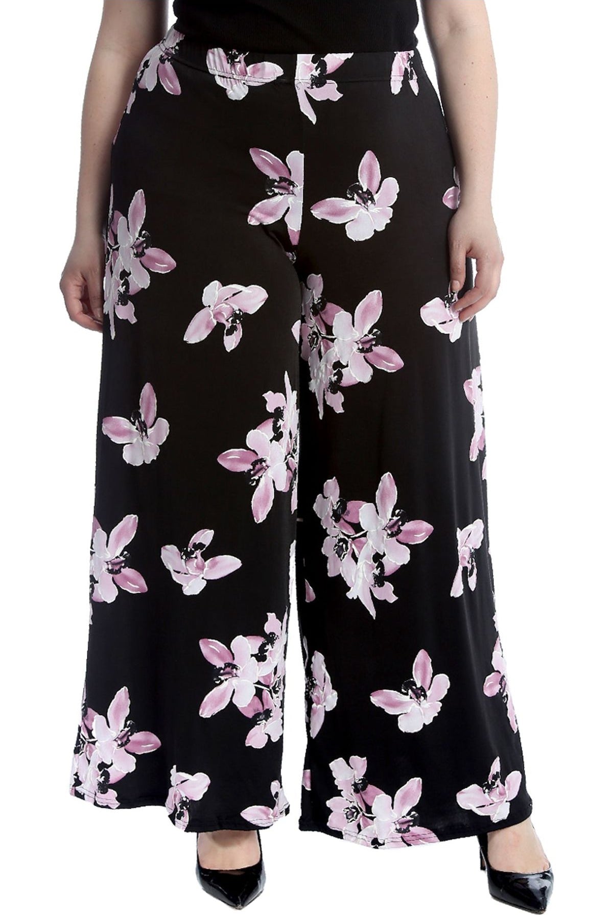 Plus Size Floral Print Palazzo Trouser Palazzo WearAll Black Purple 20-22