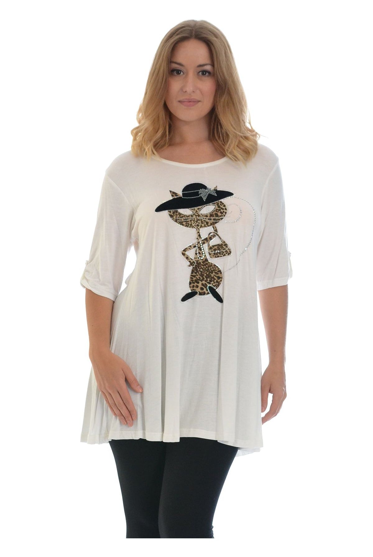 Cat With Hat Stud 2 Button Top Apparel & Accessories WearAll Cream 14