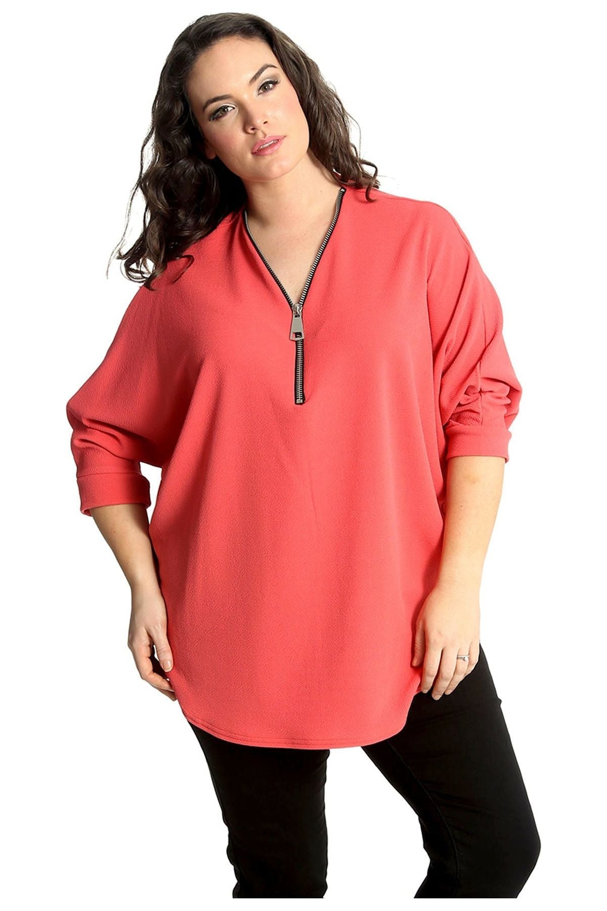 Plus Size Zip Curved Hem V-Neck Batwing Sleeve Top Tops WearAll