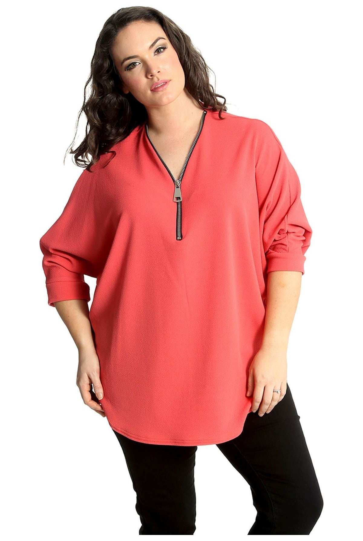 Zip Curved Hem V-Neck Batwing Sleeve Top Tops WearAll