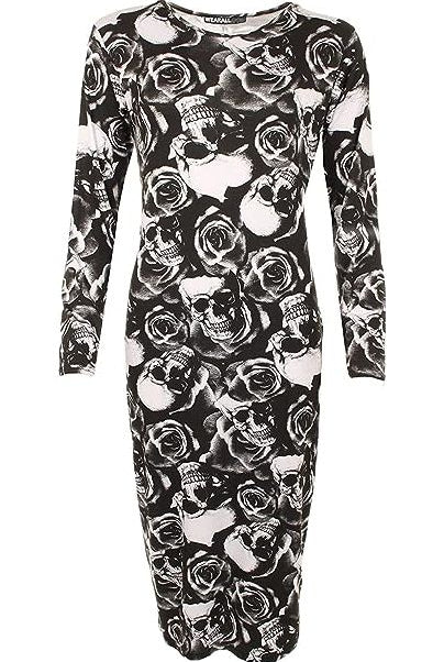 Bodycon Skull Rose Print Midi Dress Dress WearAll Skull Rose 8-10