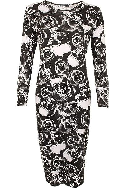 Bodycon Skull Rose Print Midi Dress Dress WearAll Skull Rose 8-10