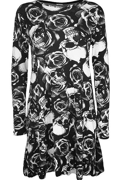 Skull Rose Print Long Sleeve Swing Dress Top Dress WearAll