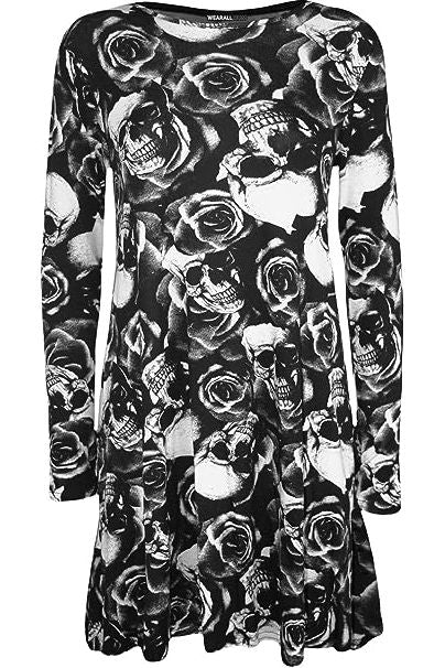 Plus Size Skull Rose Print Long Sleeve Swing Dress Top Dress WearAll