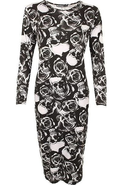 Plus Size Bodycon Skull Rose Print Midi Dress Dress WearAll Skull Rose 16-18