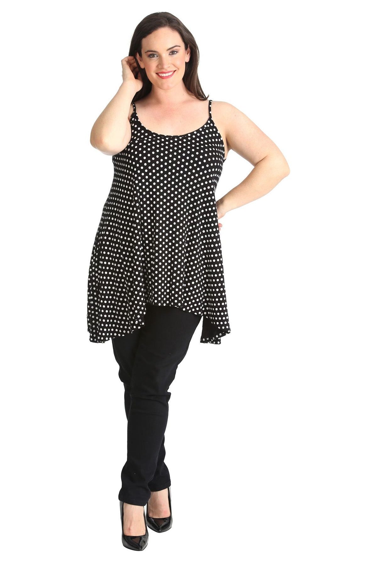 Plus Size Black White Spot Print Strappy Dress Vest Top Dress WearAll