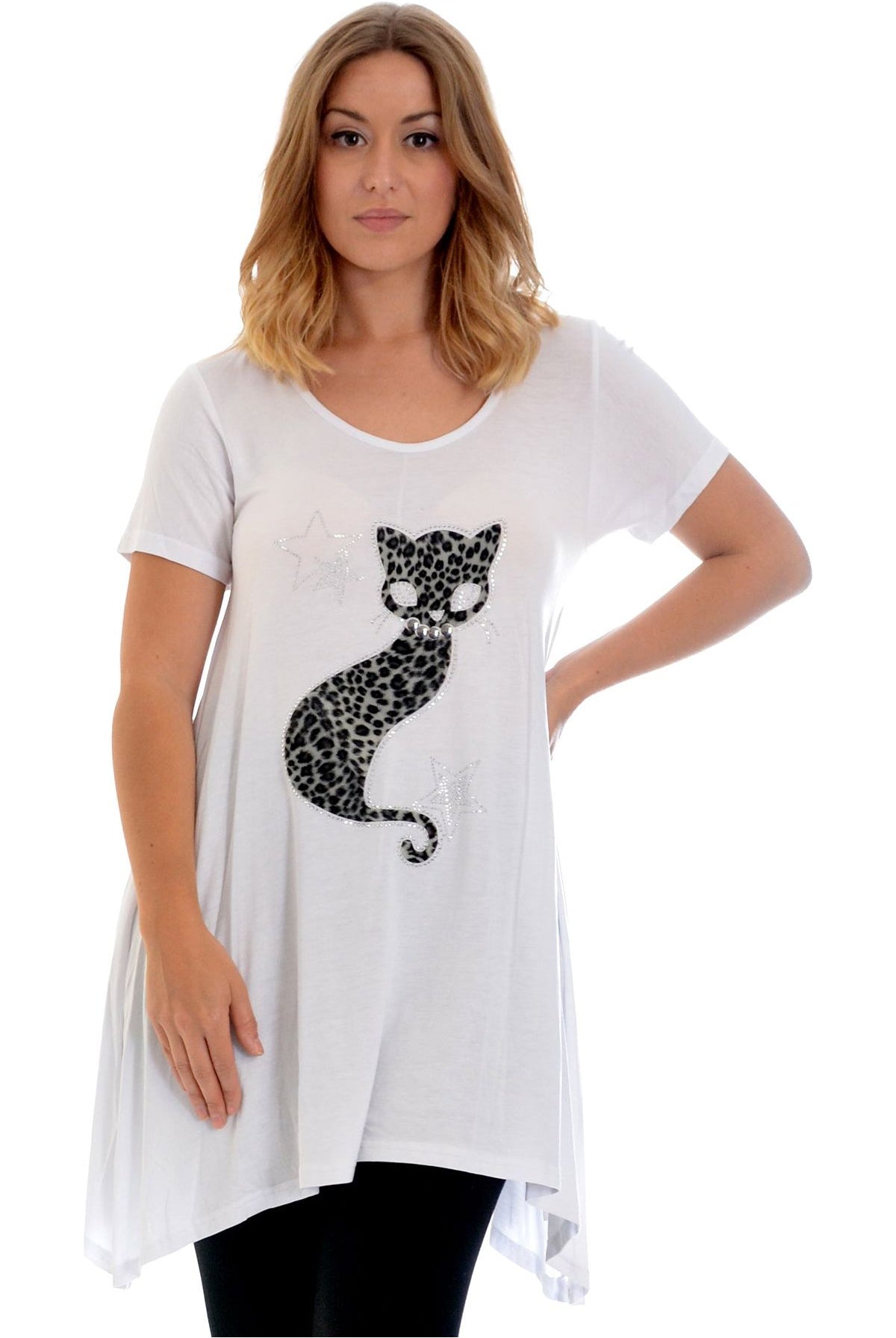 Studded Fur Cat Hanky Hem Short Sleeve Top Apparel & Accessories WearAll