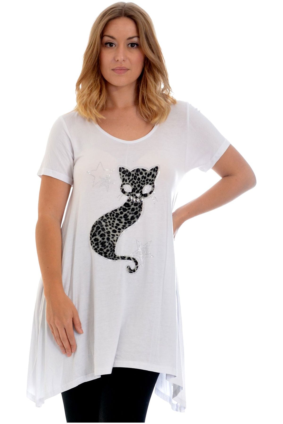 Studded Fur Cat Hanky Hem Short Sleeve Top Apparel & Accessories WearAll