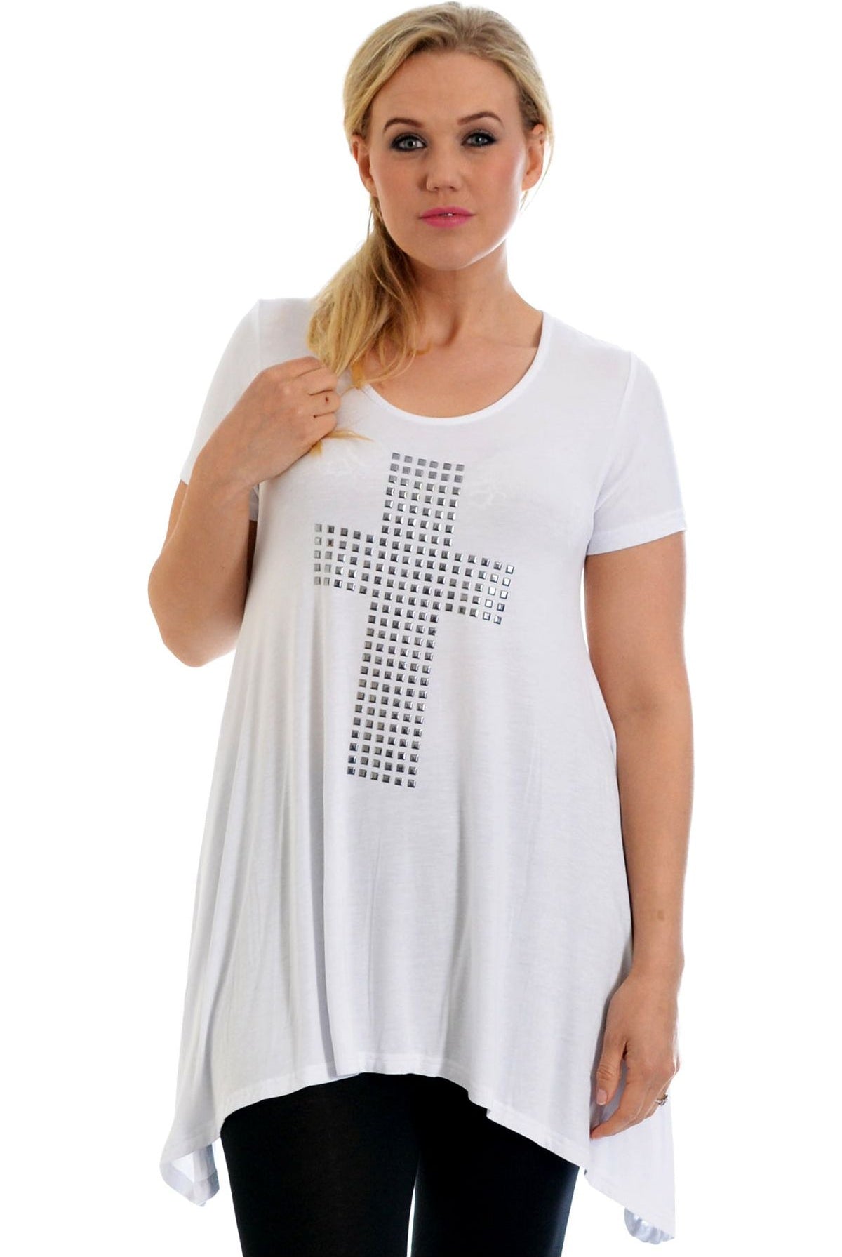 Cross Metallic Stud Hanky Hem Short Sleeve Top Apparel & Accessories WearAll White 14