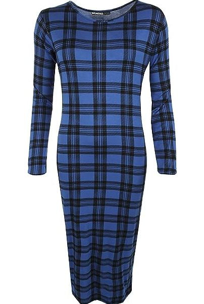 Bodycon Stretch Tartan Print Midi Dress Dress WearAll Tartan Blue 8-10