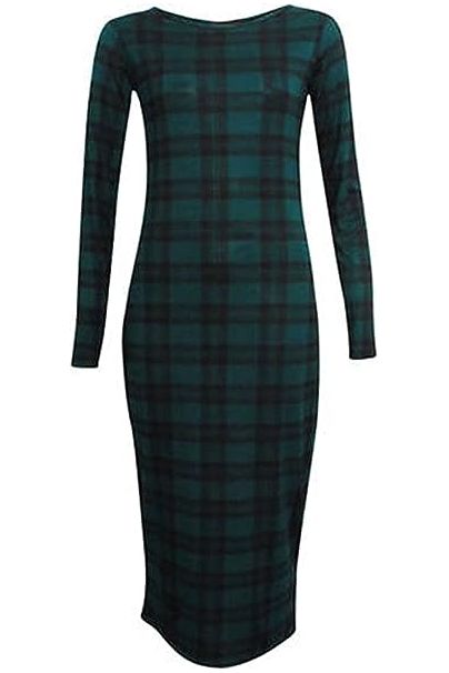 Bodycon Stretch Tartan Print Midi Dress Dress WearAll Tartan Green 8-10