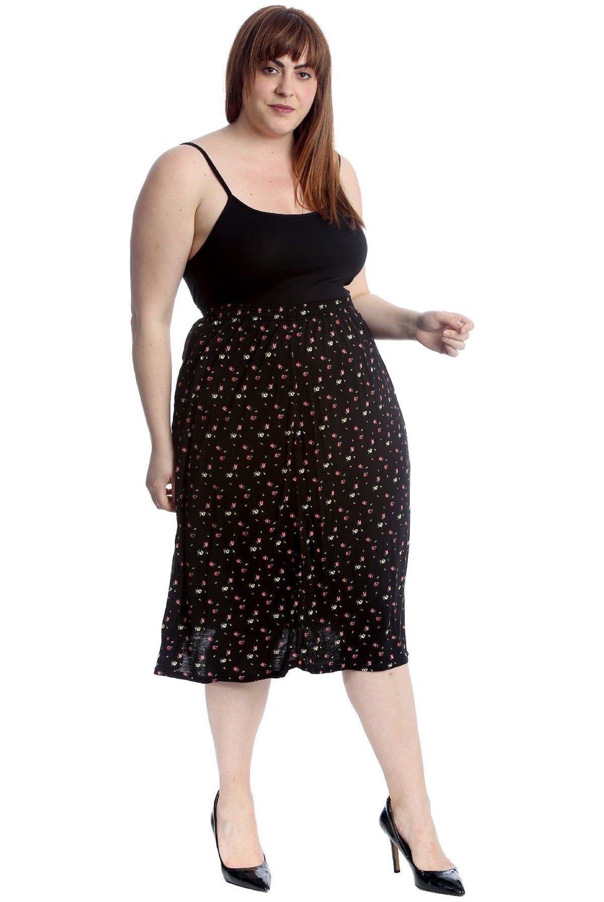 Plus Size Yellow Floral Print Midi Skirt Skirt WearAll