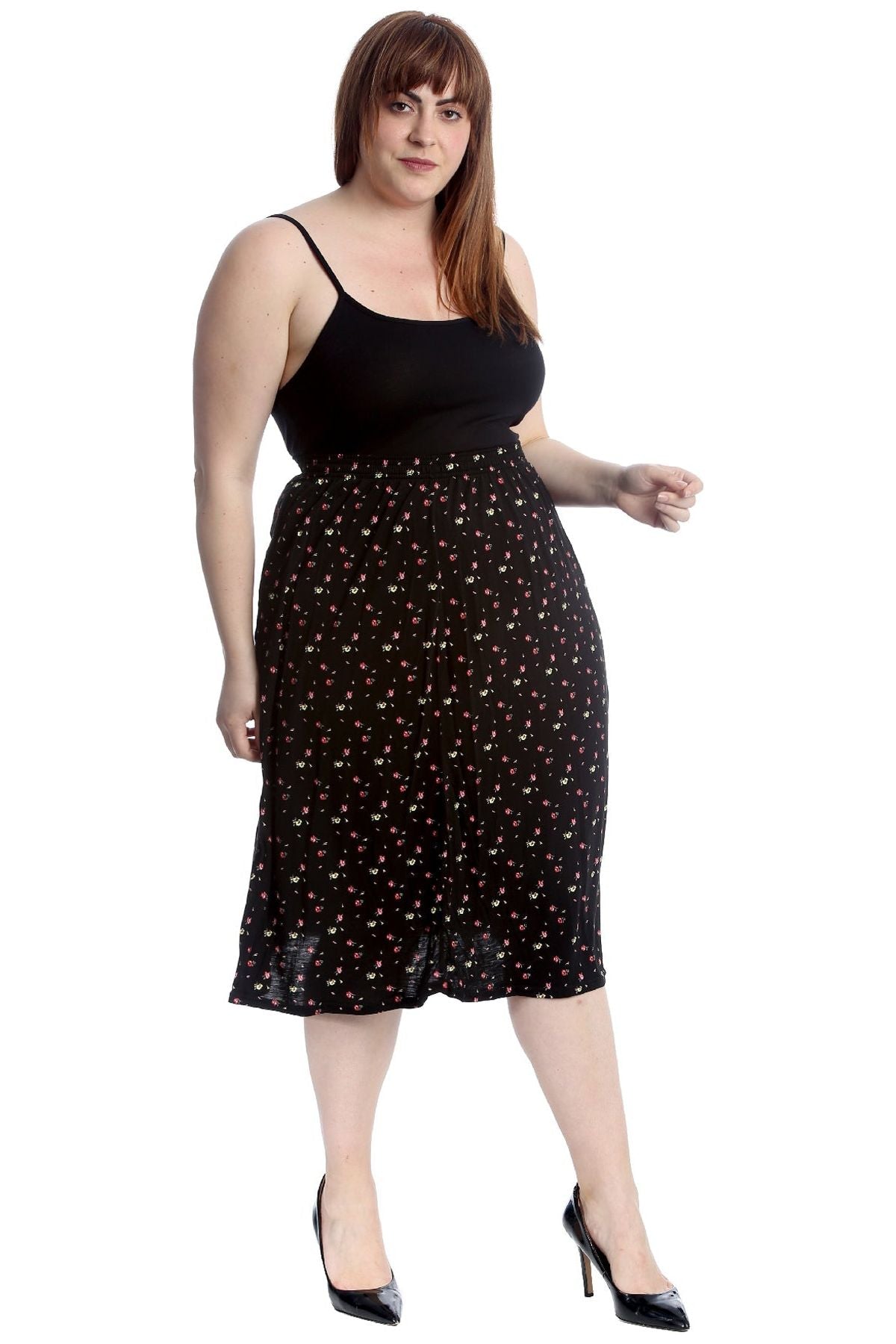 Plus Size Yellow Floral Print Midi Skirt Skirt WearAll