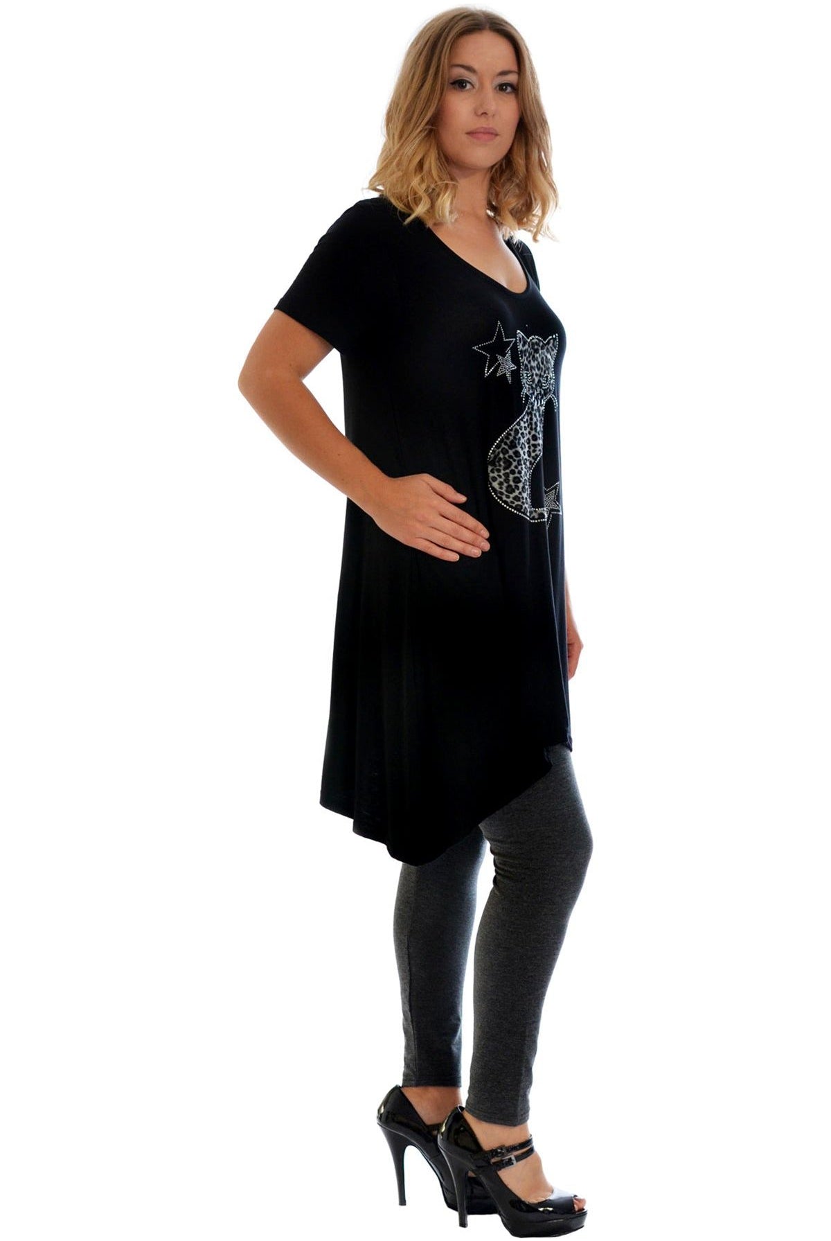 Studded Fur Cat Hanky Hem Short Sleeve Top Apparel & Accessories WearAll