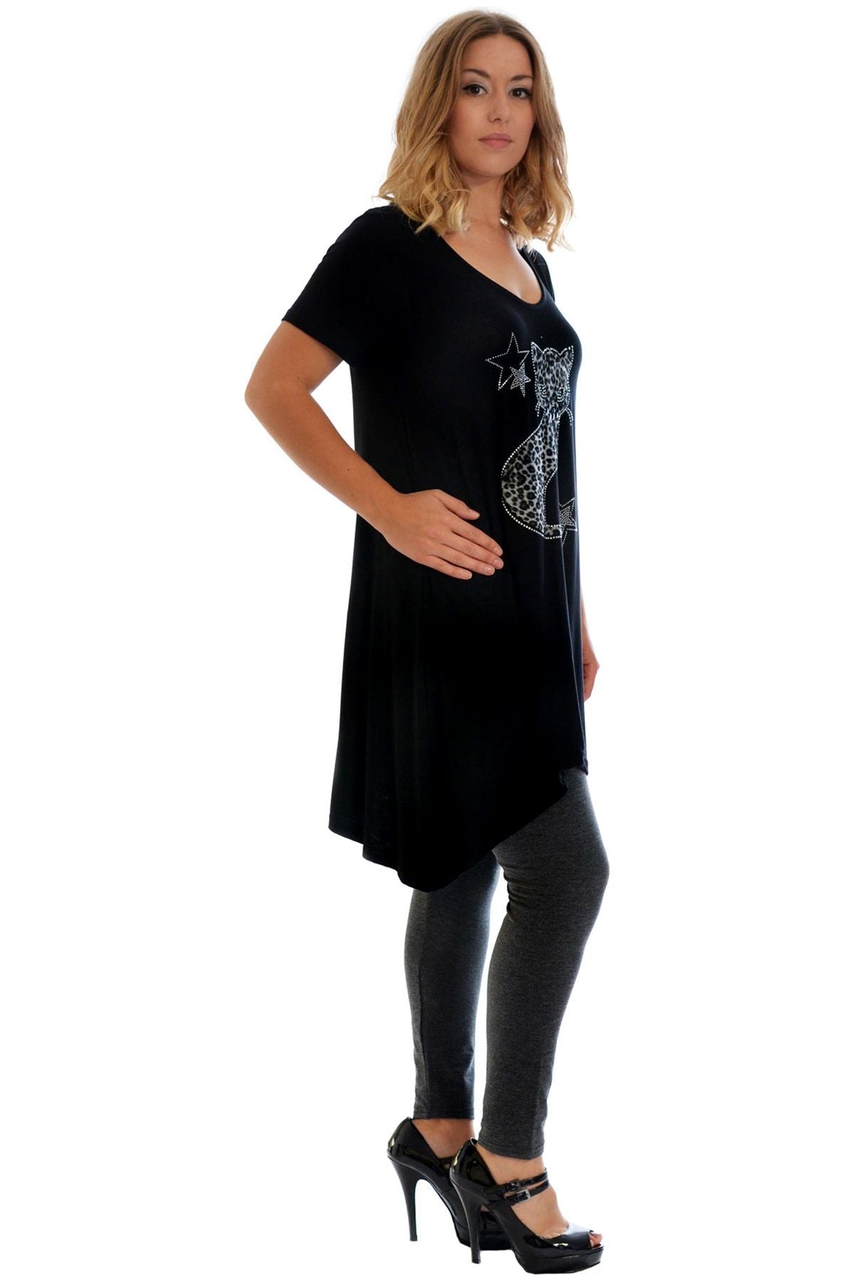 Studded Fur Cat Hanky Hem Short Sleeve Top Apparel & Accessories WearAll