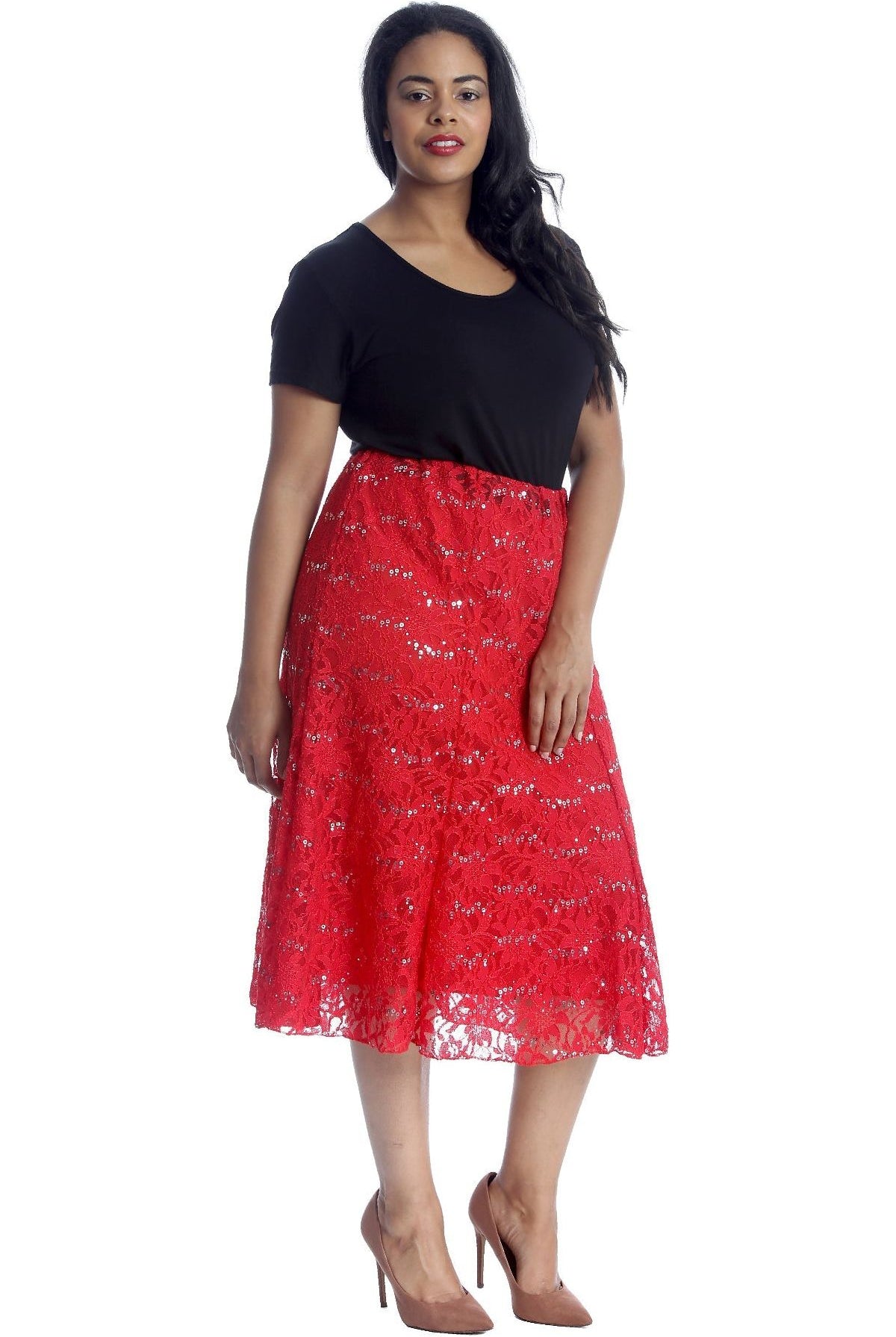 Floral Lace Lined Sequin Flared Midi Skirt Skirt WearAll