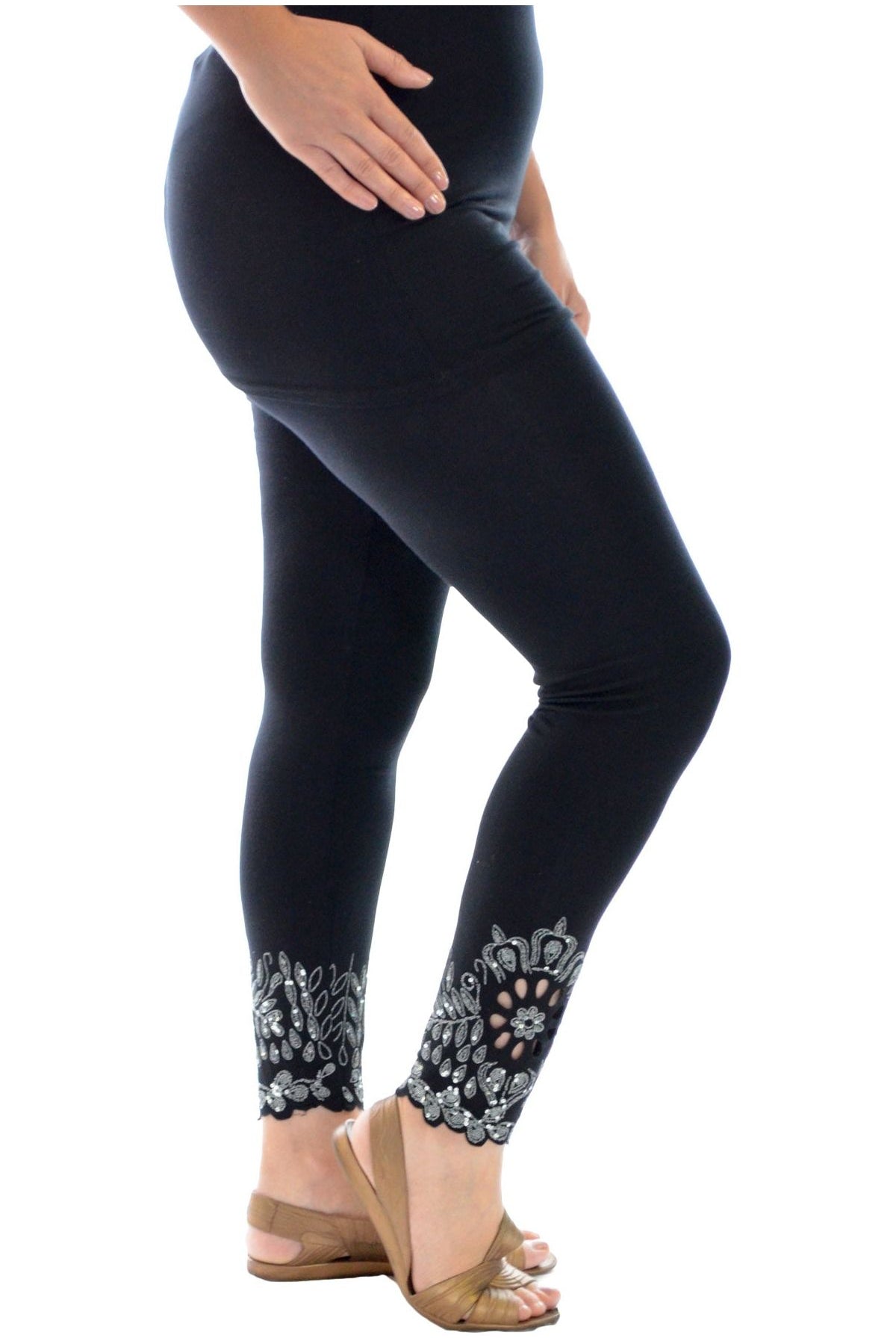 Sequin Scallop Beaded Flower Petal Leggings Leggings WearAll Navy Blue 12-14