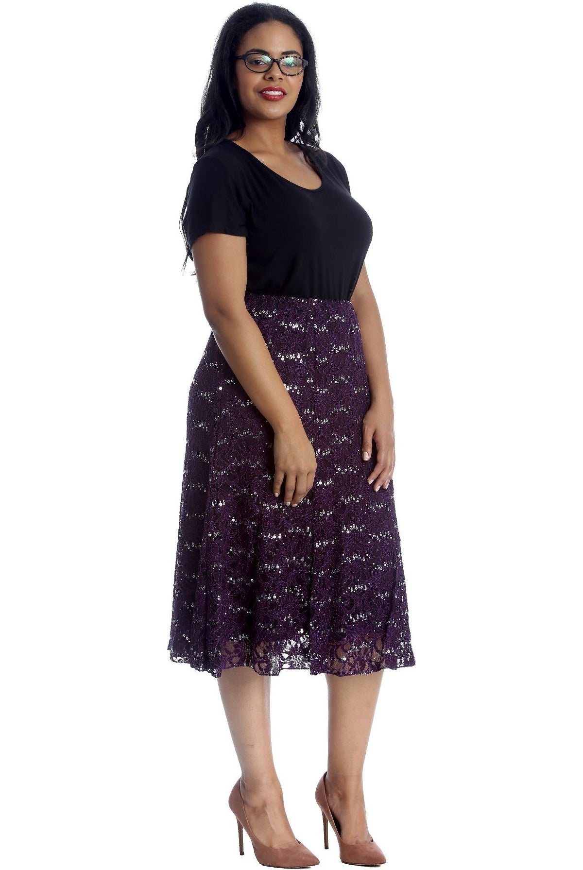 Floral Lace Lined Sequin Flared Midi Skirt Skirt WearAll