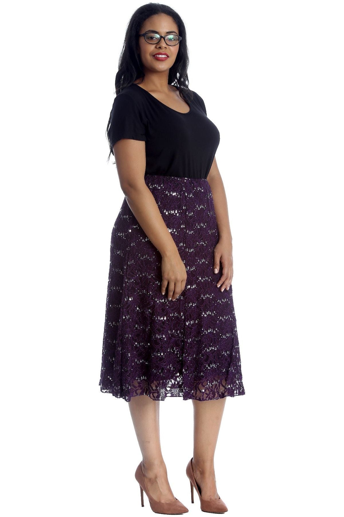 Floral Lace Lined Sequin Flared Midi Skirt Skirt WearAll