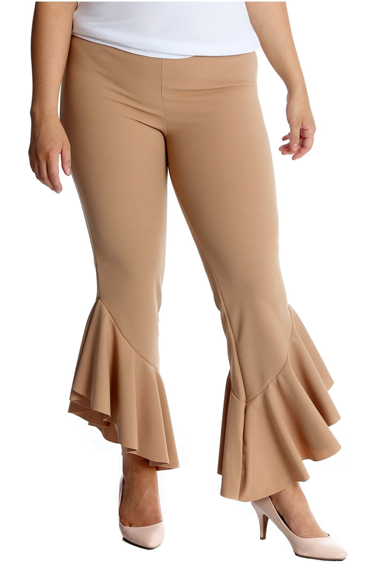 Plus Size Frill Asymmetric Hem Plain Trousers Trousers WearAll Camel 16-18