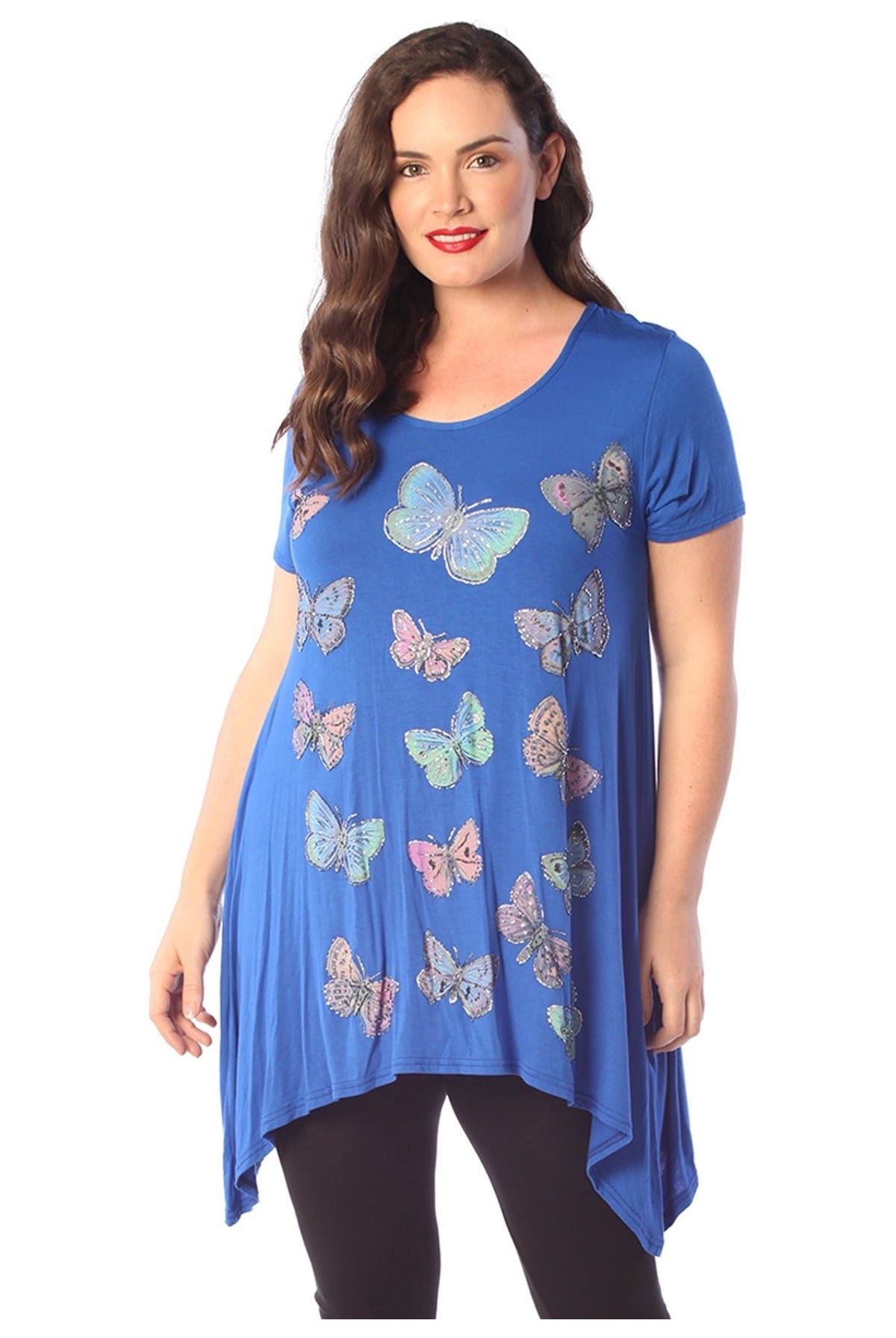 Butterfly Hanky Hem Short Sleeve Top Apparel & Accessories WearAll Royal Blue 14