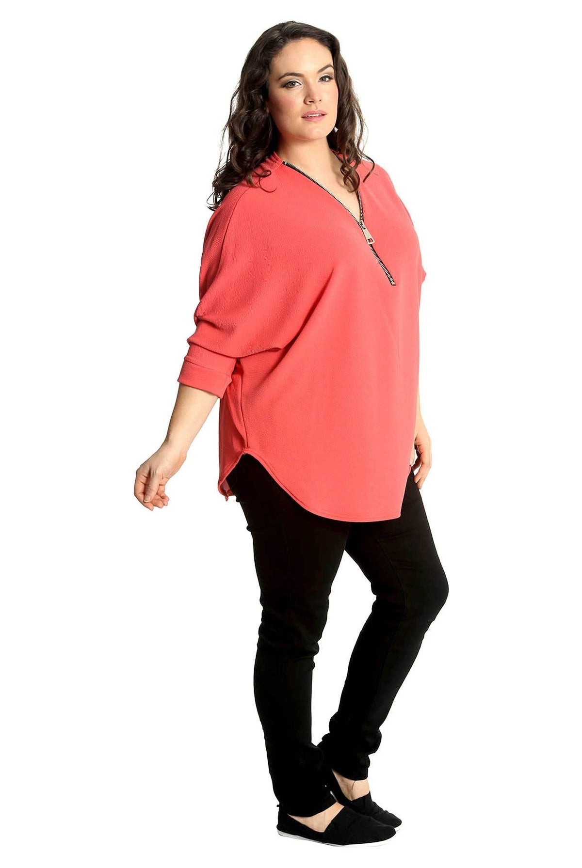 Plus Size Zip Curved Hem V-Neck Batwing Sleeve Top Tops WearAll