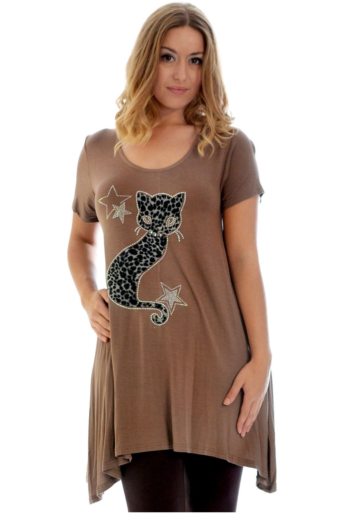 Studded Fur Cat Hanky Hem Short Sleeve Top Apparel & Accessories WearAll Mocha 14