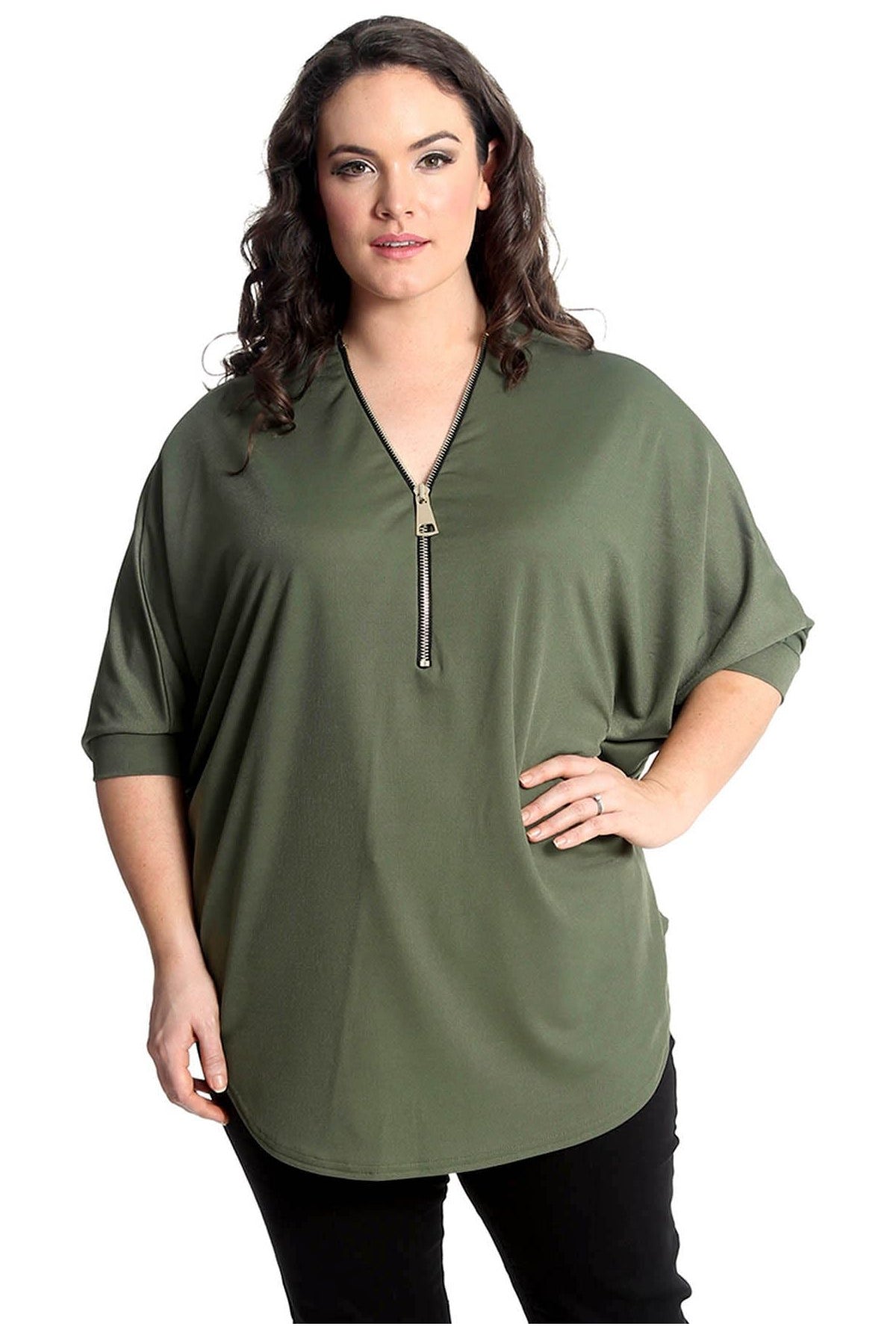 Plus Size Zip Curved Hem V-Neck Batwing Sleeve Top Tops WearAll