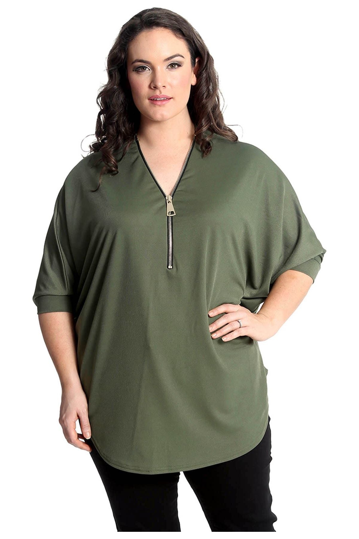 Zip Curved Hem V-Neck Batwing Sleeve Top Tops WearAll