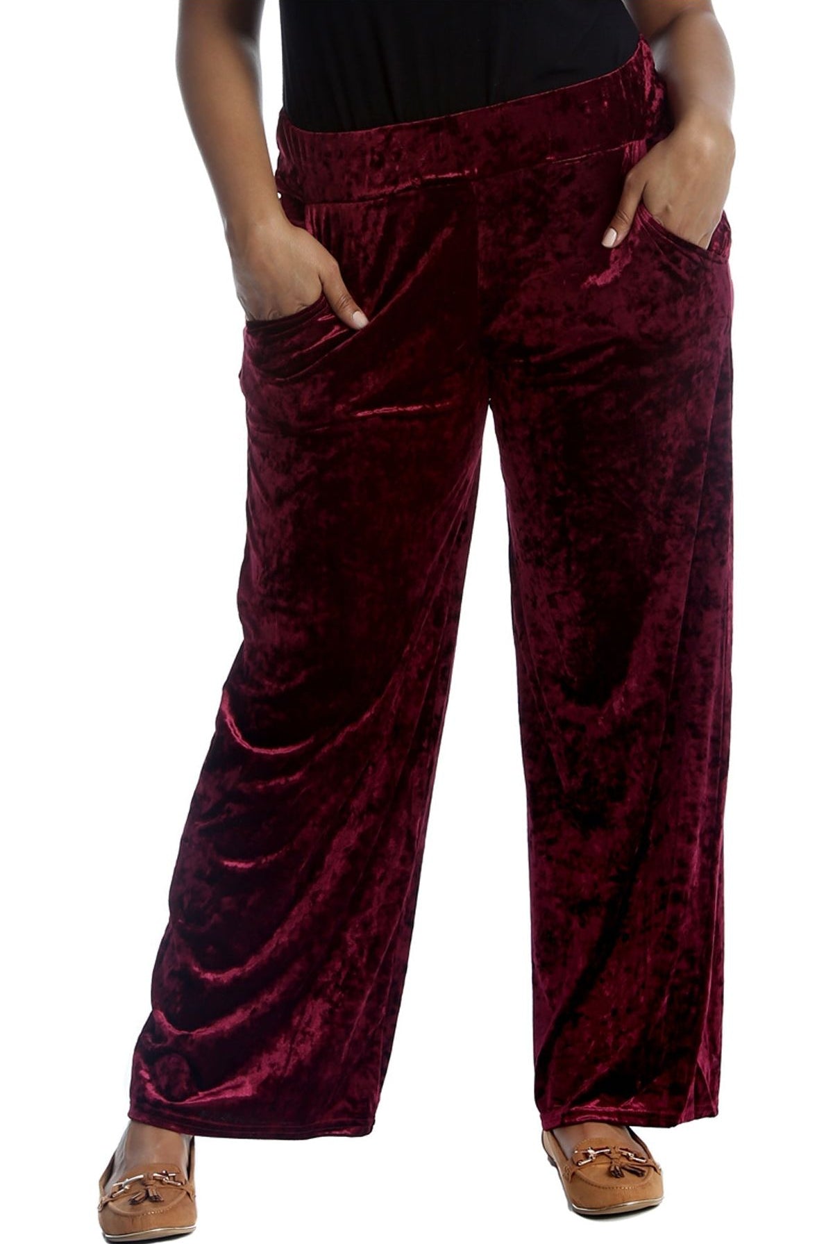 Velour Velvet Wide Flared Leg Pocket Palazzo Palazzo WearAll Wine 12-14