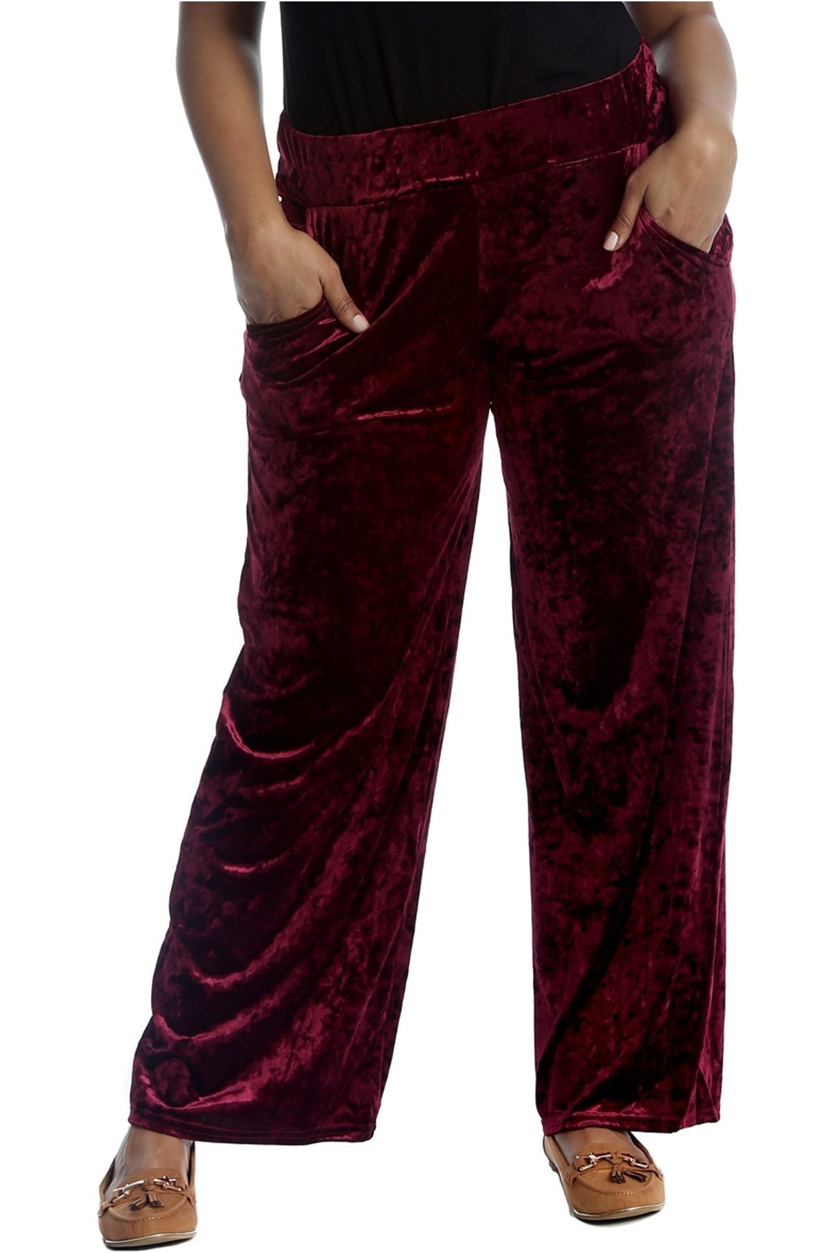 Velour Velvet Wide Flared Leg Pocket Palazzo Palazzo WearAll Wine 12-14