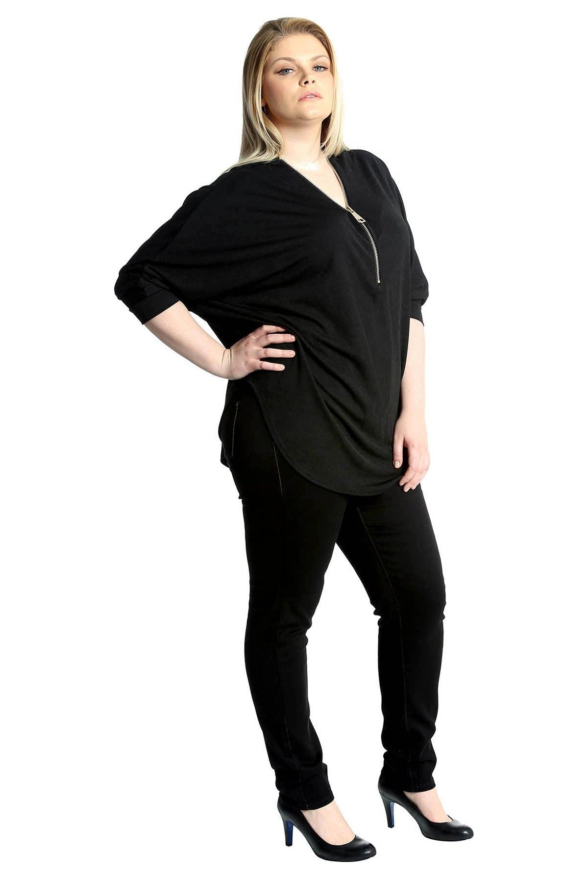 Plus Size Zip Curved Hem V-Neck Batwing Sleeve Top Tops WearAll