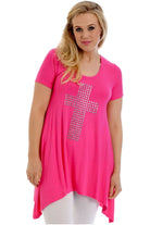 Cross Metallic Stud Hanky Hem Short Sleeve Top Apparel & Accessories WearAll Cerise 14
