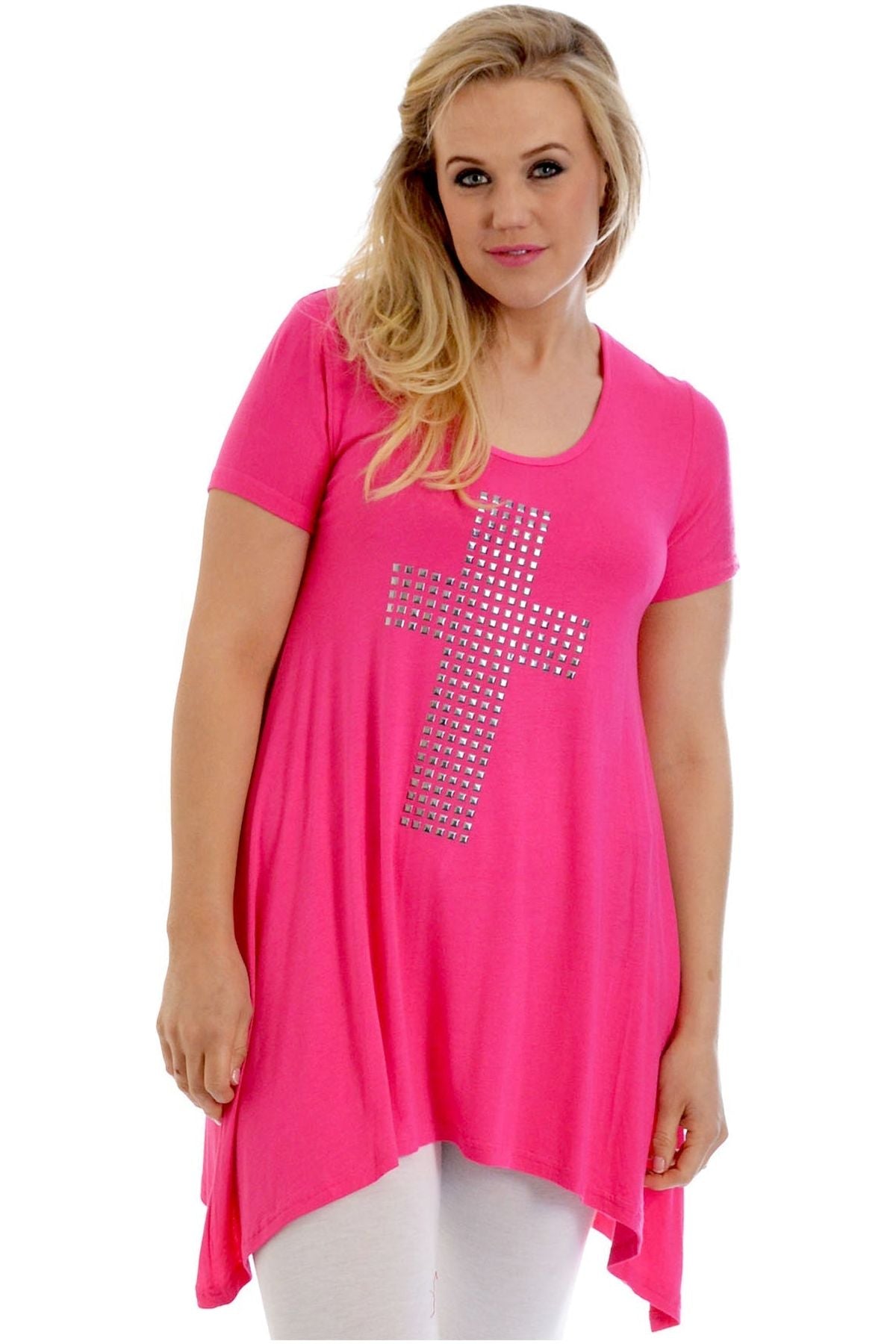 Cross Metallic Stud Hanky Hem Short Sleeve Top Apparel & Accessories WearAll Cerise 26-28