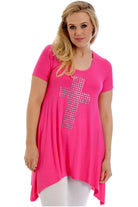 Cross Metallic Stud Hanky Hem Short Sleeve Top Apparel & Accessories WearAll Cerise 20