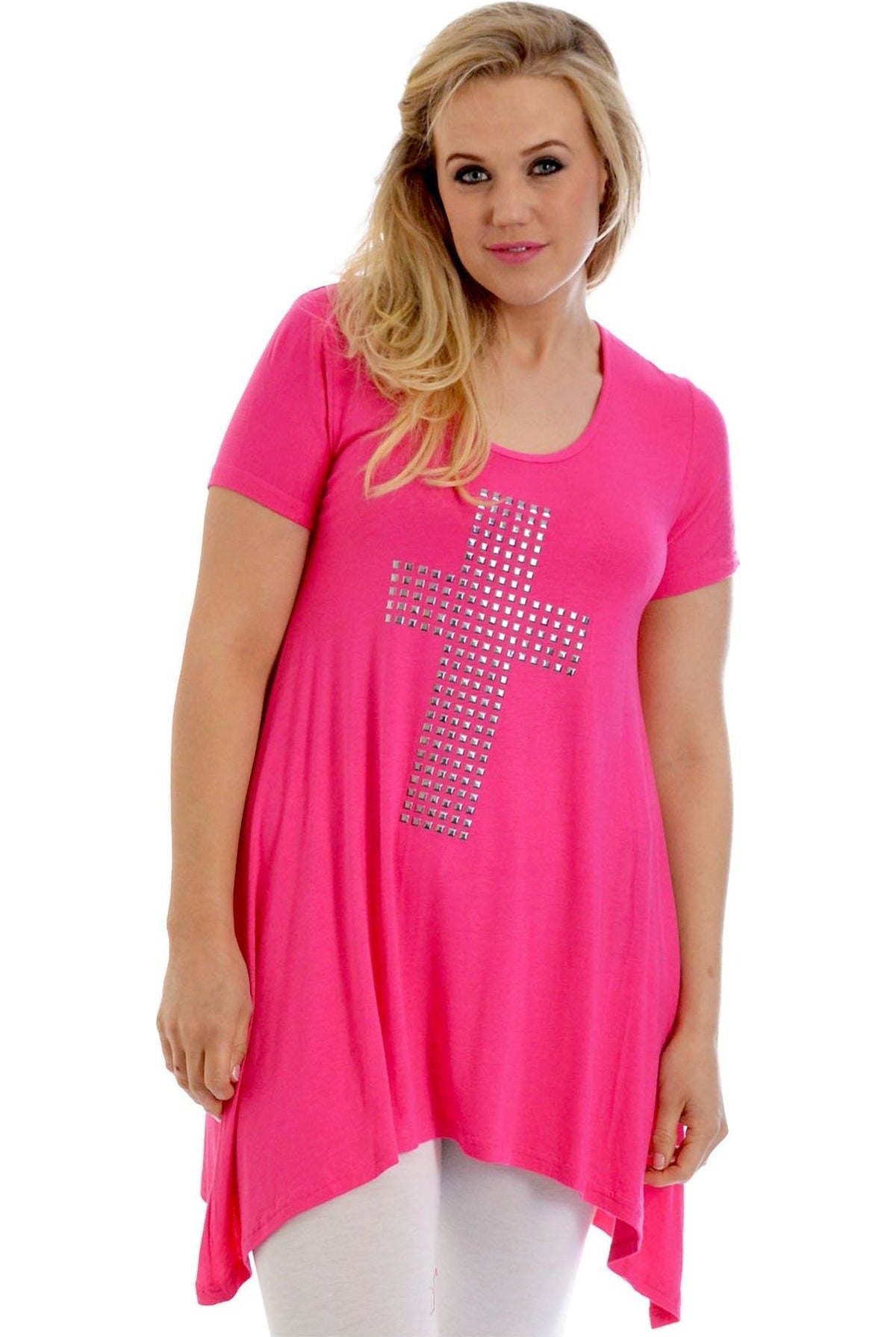 Cross Metallic Stud Hanky Hem Short Sleeve Top Apparel & Accessories WearAll Cerise 16