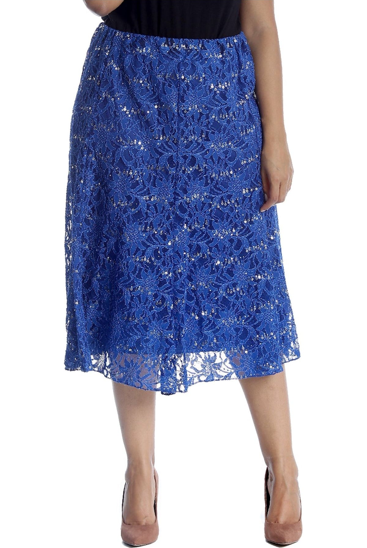 Floral Lace Lined Sequin Flared Midi Skirt Skirt WearAll