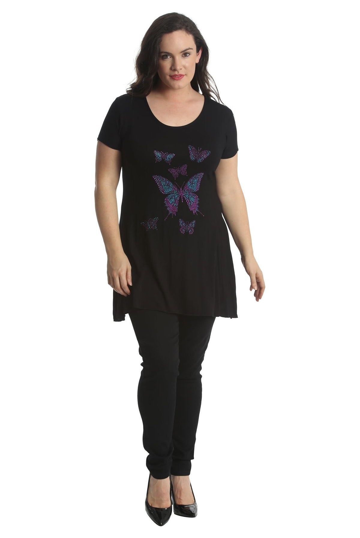 Diamante Butterfly Stud Hanky Hem Short Sleeve Top Apparel & Accessories WearAll
