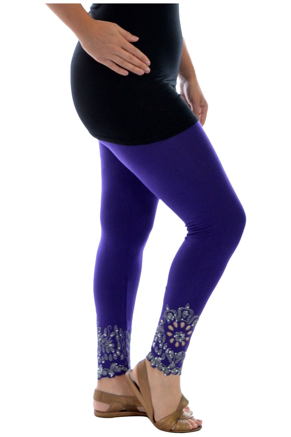 Sequin Scallop Beaded Flower Petal Leggings Leggings WearAll Purple 12-14