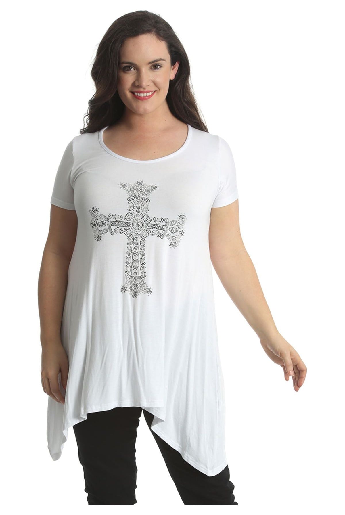 Crown Cross Stud Hanky Hem Short Sleeve Top Tops WearAll White 14