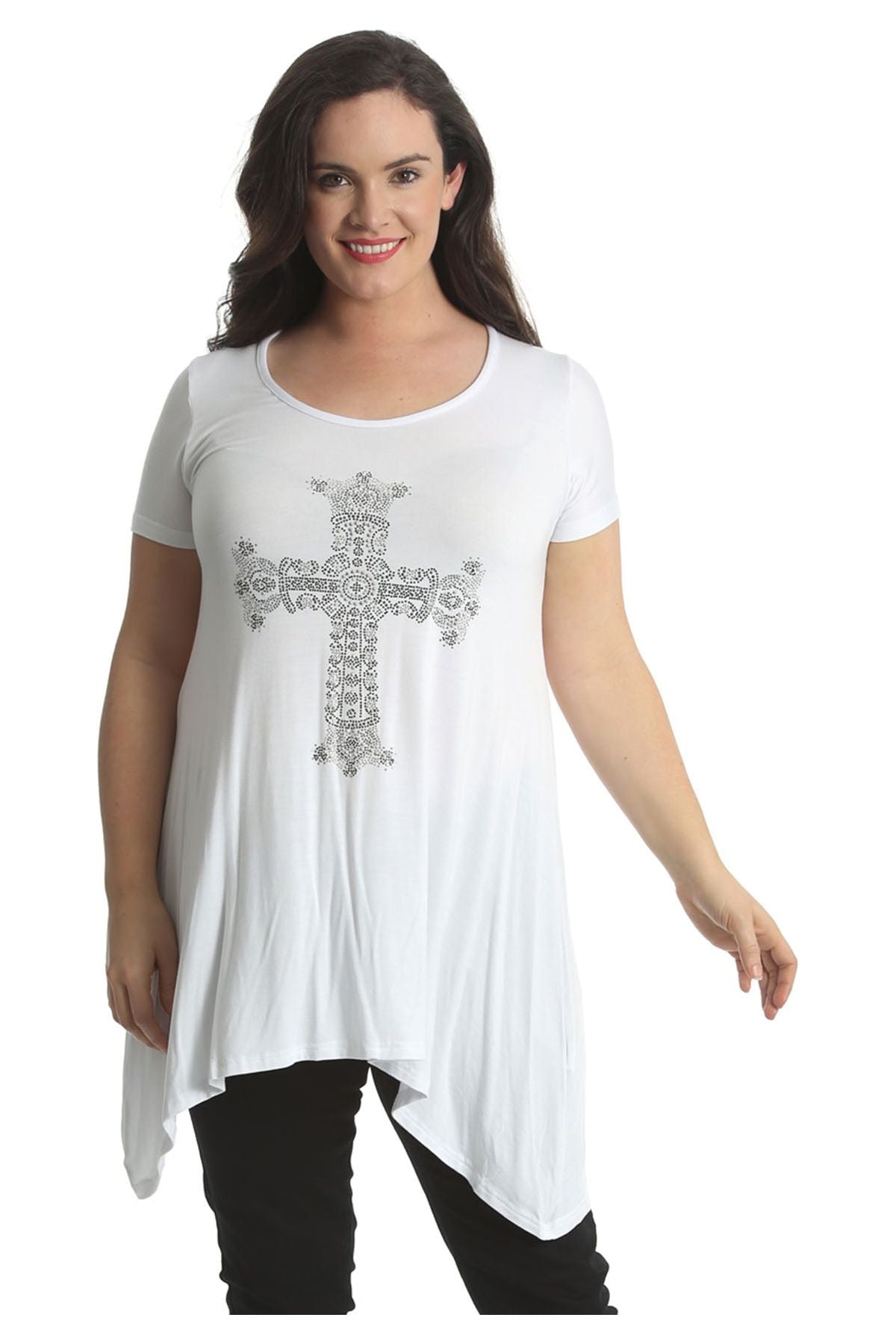 Crown Cross Stud Hanky Hem Short Sleeve Top Tops WearAll White 14