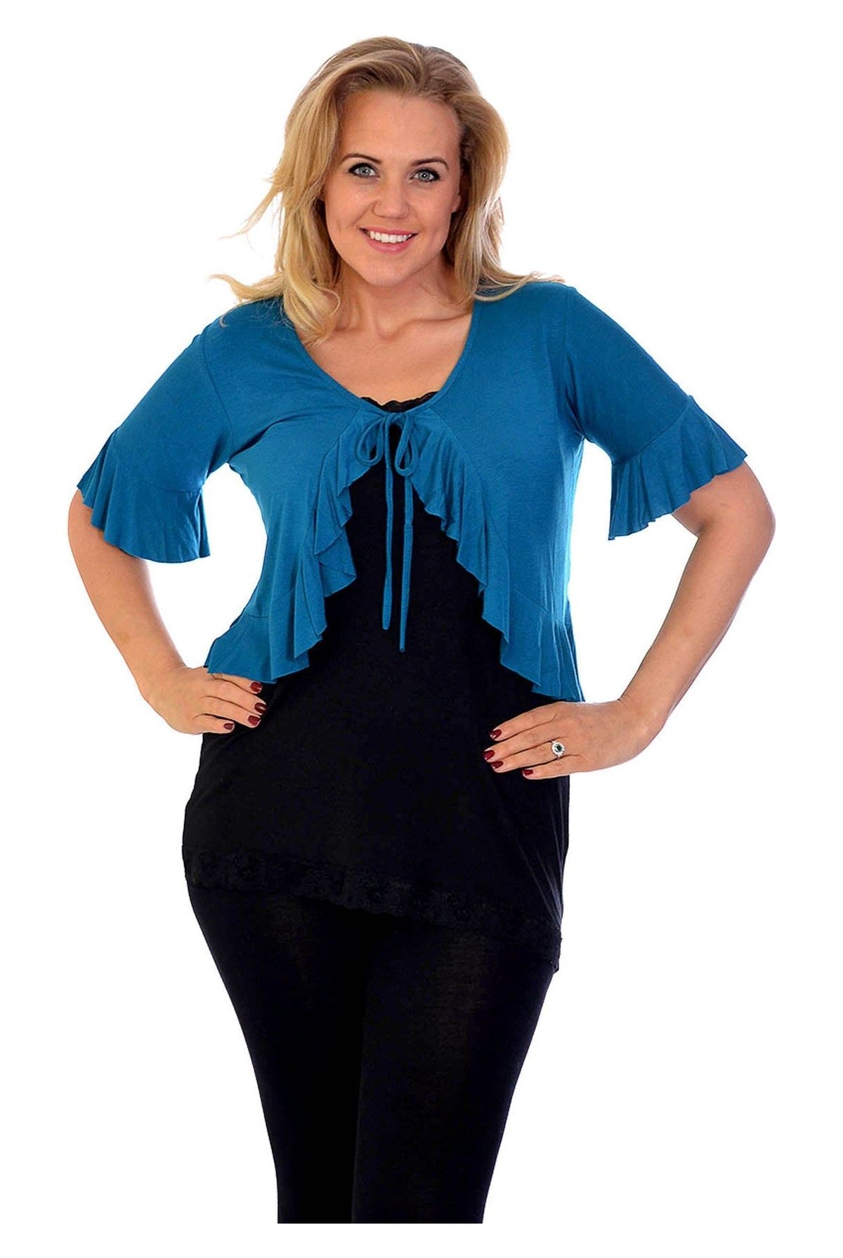 Plus Size Frill Tie Shrug Tops WearAll Teal 14