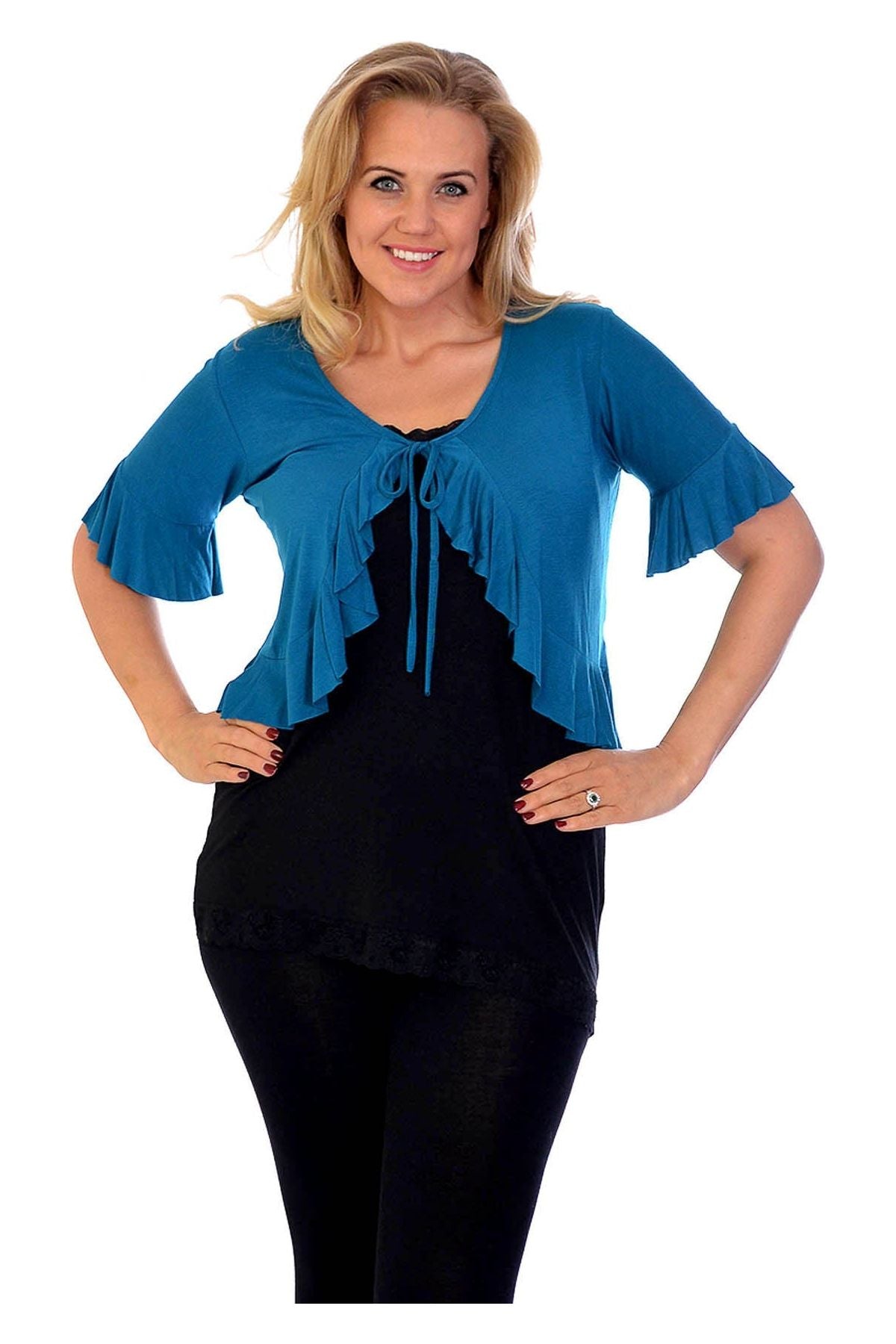 Plus Size Frill Tie Shrug Tops WearAll Teal 14