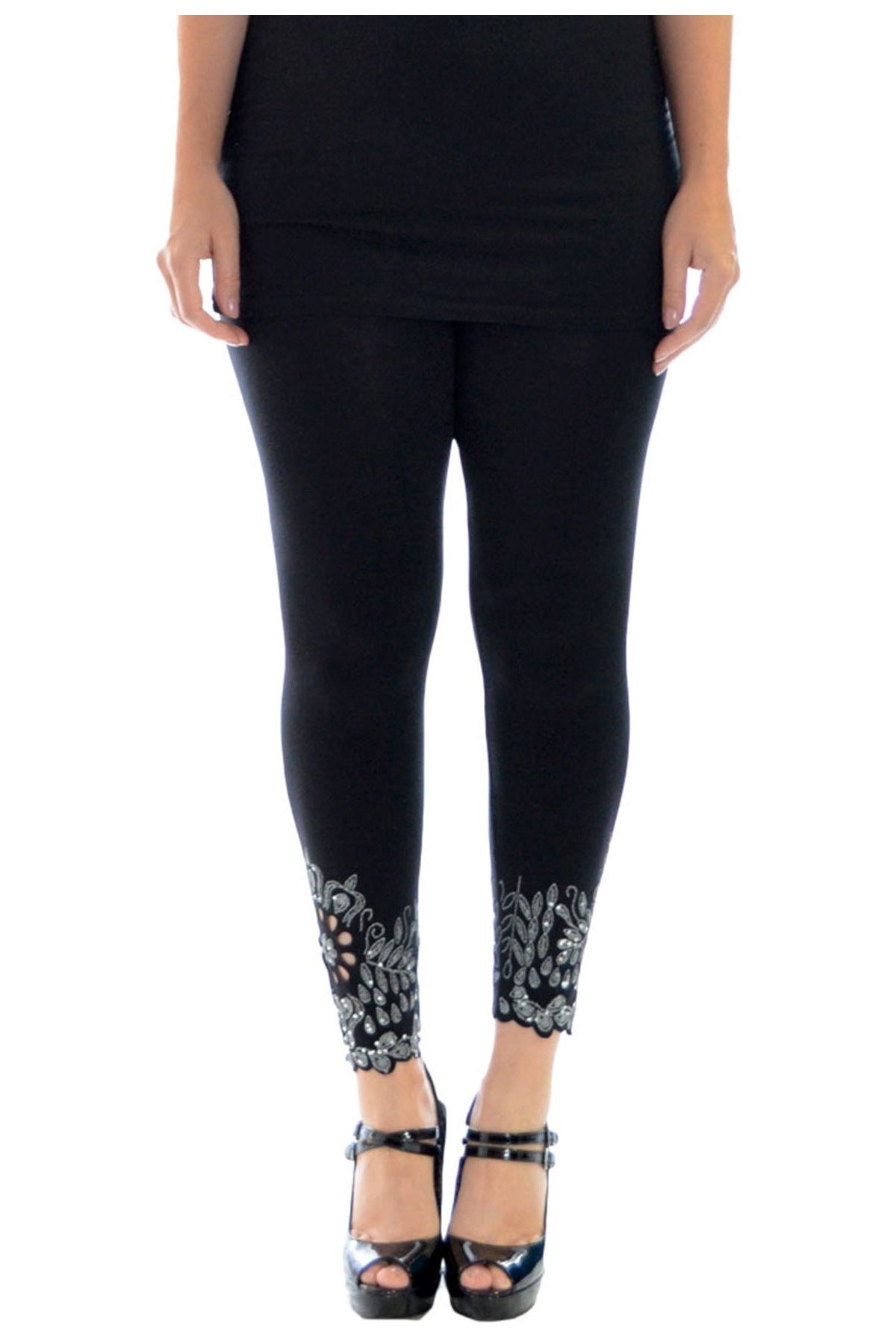 Plus Size Sequin Scallop Beaded Flower Petal Leggings Leggings WearAll Black 16-18