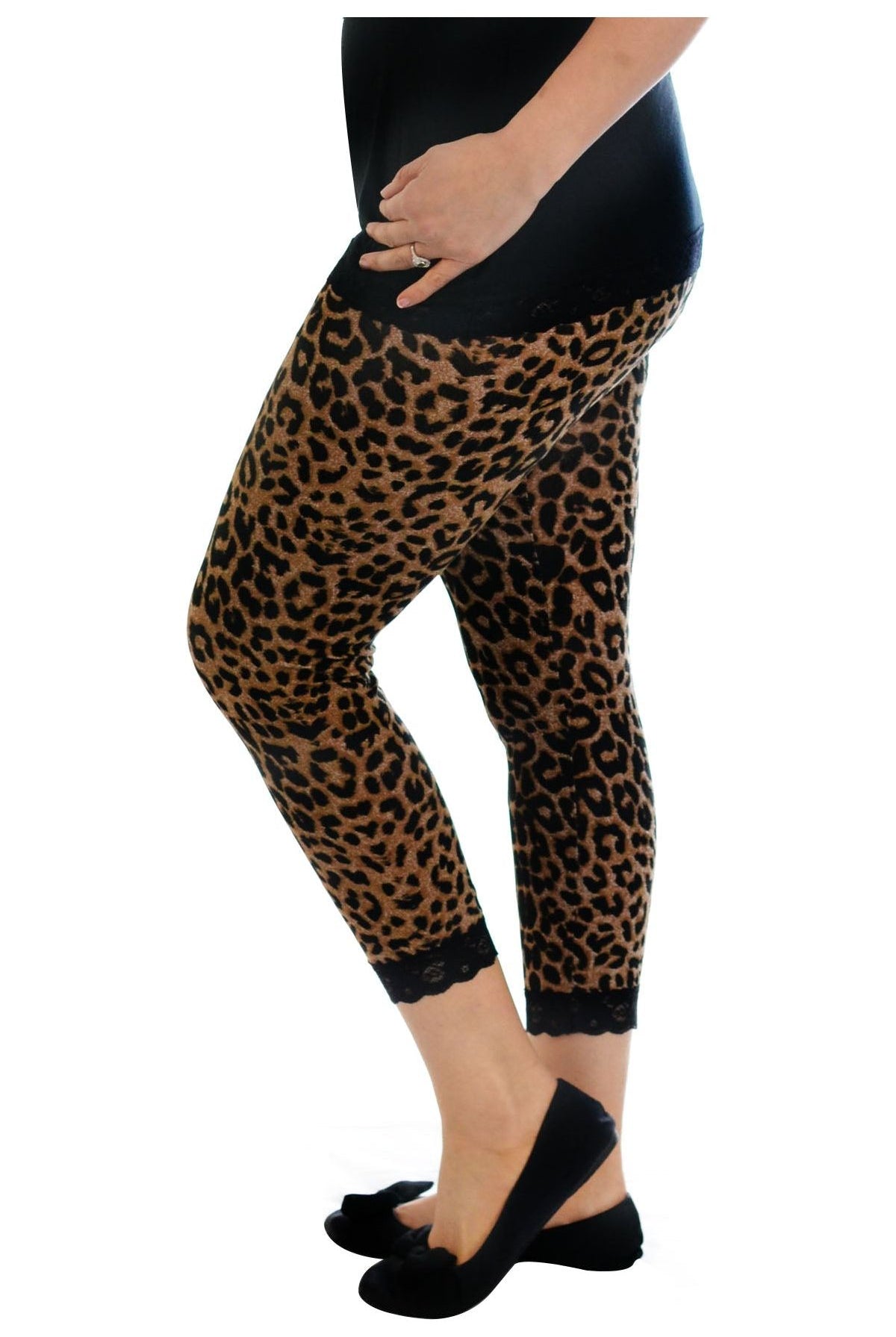 Plus Size Cropped Leopard Lace Trim Leggings Leggings WearAll